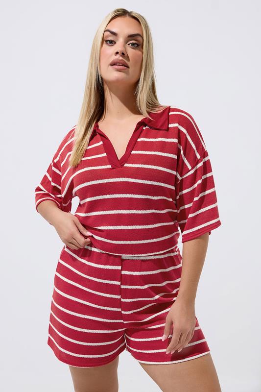 LIMITED COLLECTION Plus Size Red Crochet Stripe Shorts | Yours Clothing 1