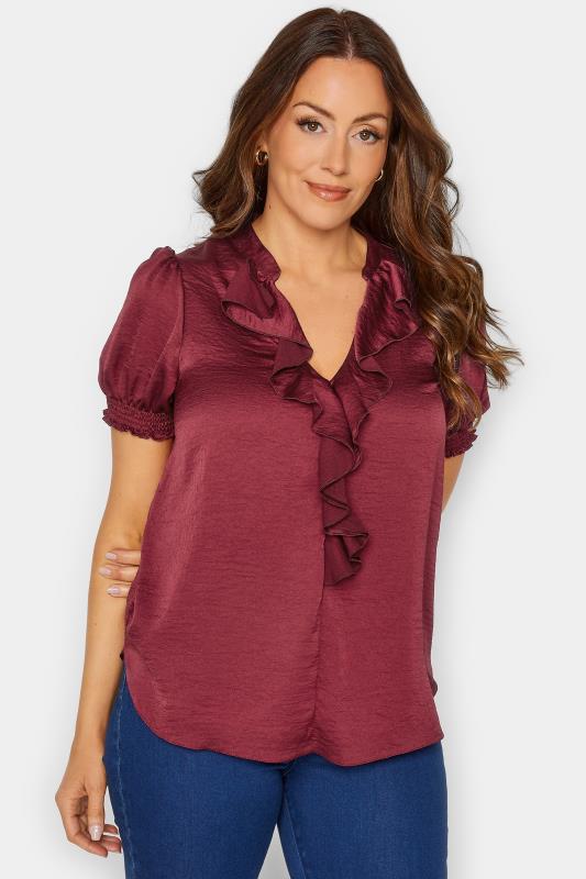 M&Co Burgundy Red Frill Satin Blouse | M&Co 4