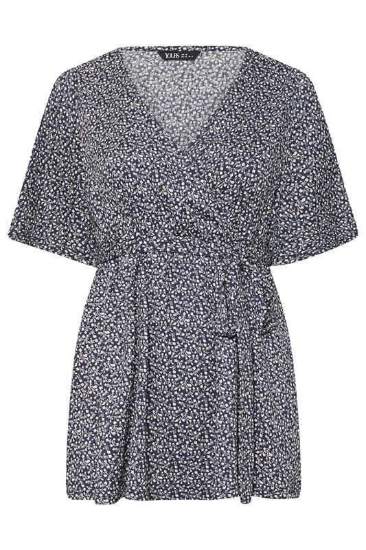 YOURS Plus Size Navy Blue Floral Print Textured Wrap Top | Yours Clothing 5