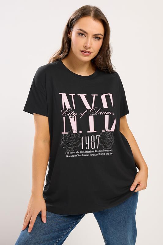 YOURS Plus Size Black 'NYC' Rose Embellished Graphic T-Shirt | Yours Clothing 1