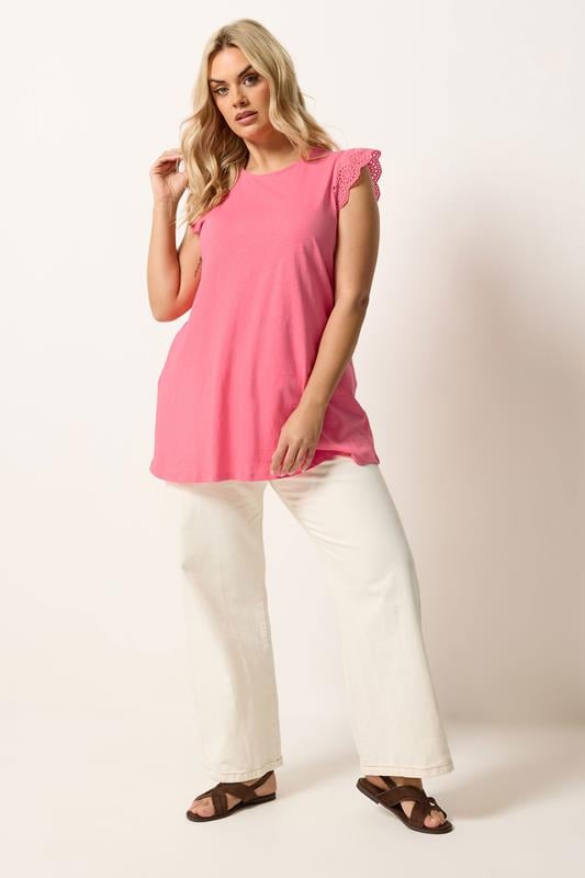 YOURS Plus Size Coral Pink Broderie Anglaise Frill Vest Top | Yours Clothing 1