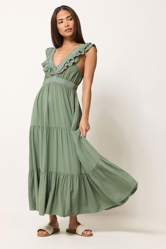 PixieGirl Petite Sage Green Frill Maxi Dress