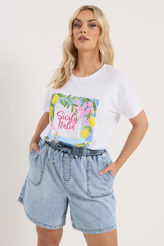 YOURS Curve Bleach Blue Denim Drawstring Shorts