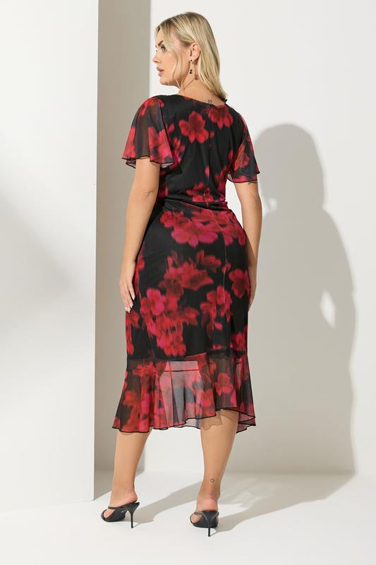 YOURS LONDON Plus Size Red Floral Gathered Midi Dress | Yours Clothing 2