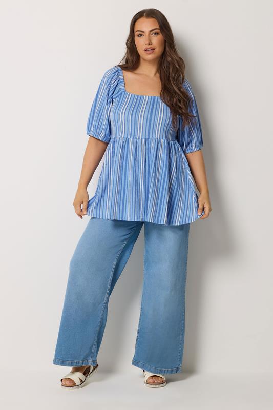 YOURS Plus Size Blue Stripe Peplum Top | Yours Clothing 1
