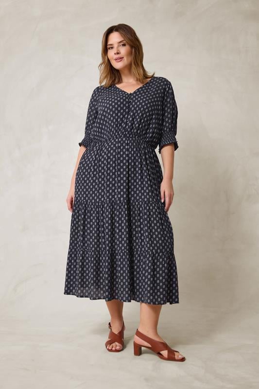 EVANS Plus Size Navy Blue Dobby Tiered Maxi Dress | Evans 1