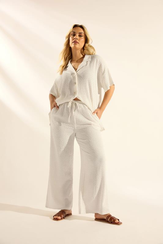 YOURS Curve Ivory White Textured Wide Leg Trousers