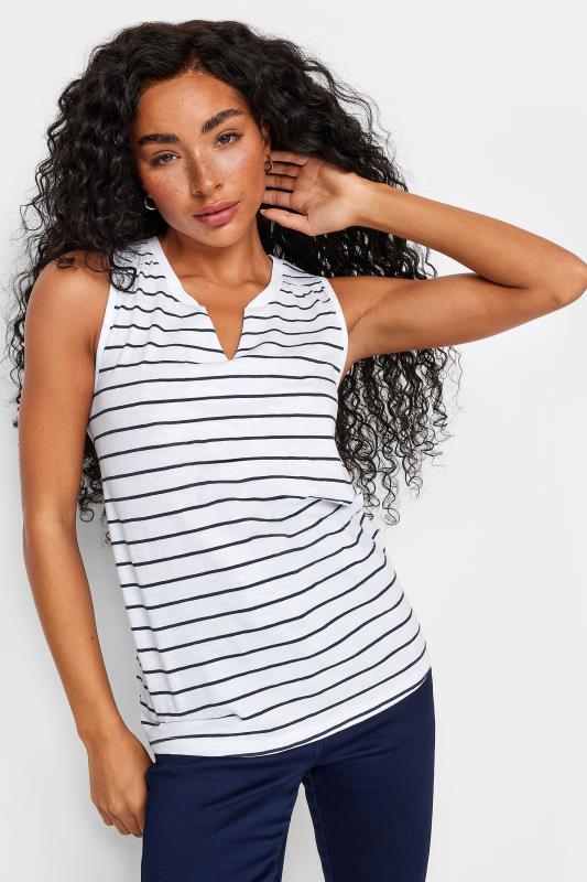 M&Co Petite White Striped Sleeveless Notch Neck Cotton Vest Top | M&Co 1