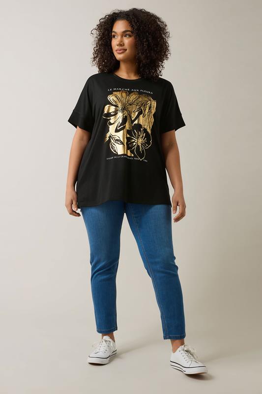 EVANS Plus Size Black Metallic Floral Print Modal Rich T-Shirt | Evans 2