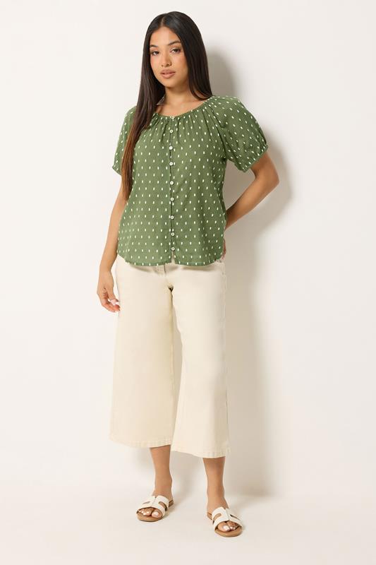 M&Co Petite Khaki Green Dobby Button Up Cotton Blouse | M&Co 1