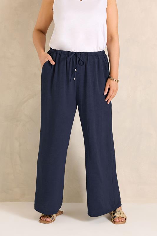 EVANS Curve Navy Blue Tie Waist Wide Leg Trousers
