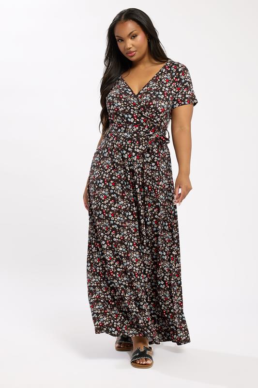 YOURS Plus Size Black Ditsy Floral Maxi Wrap Dress | Yours Clothing 1