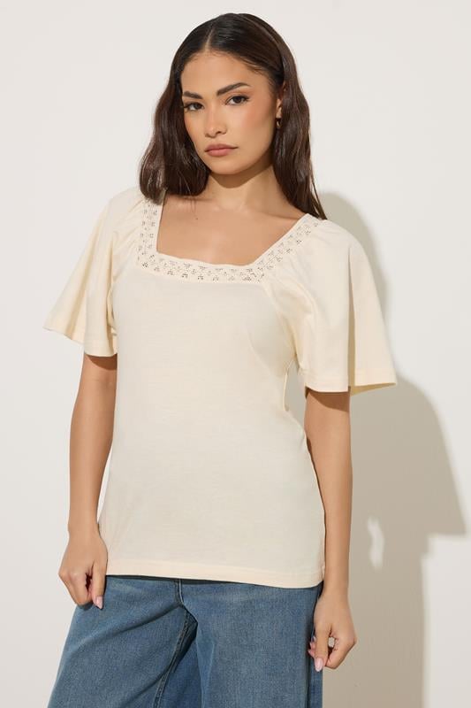 PixieGirl Petite Ivory White Crochet Trim Flutter Sleeve Cotton T-Shirt