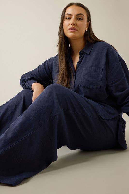 EVANS Plus Size Navy Blue Long Sleeve Premium Linen Shirt | Evans 6