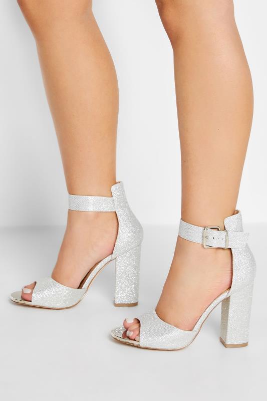 Petite  PixieGirl Silver Diamante Ankle Strap High Block Heels In Standard Fit