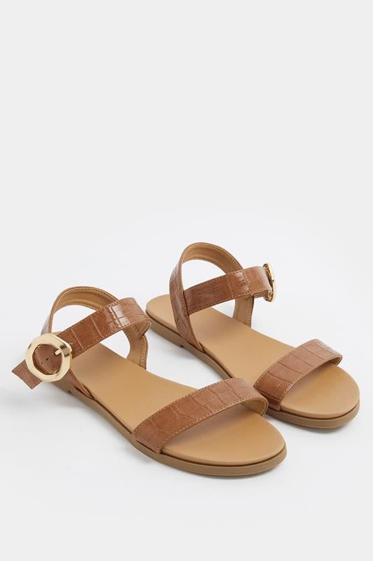 Brown Croc Buckle Detail Sandals In Wide E Fit