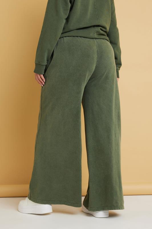 YOURS Plus Size Khaki Green Washed Wide Leg Joggers | Yours Clothing 2