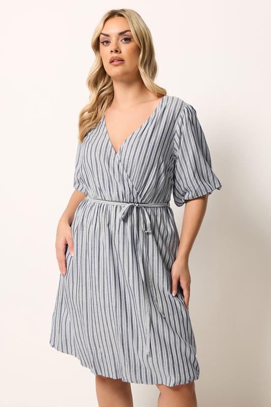 YOURS Plus Size Blue Stripe Puff Ball Wrap Dress | Yours Clothing 1