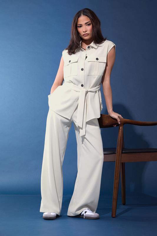 PixieGirl Petite Set Ivory White Belted Utility Shirt & Wide Leg Trousers