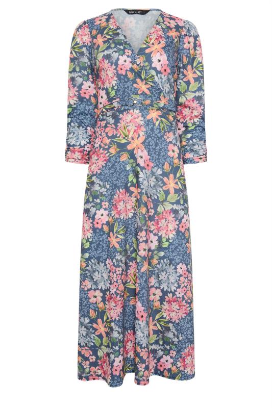M&Co Blue Floral Print Belted Wrap Midi Dress | M&Co