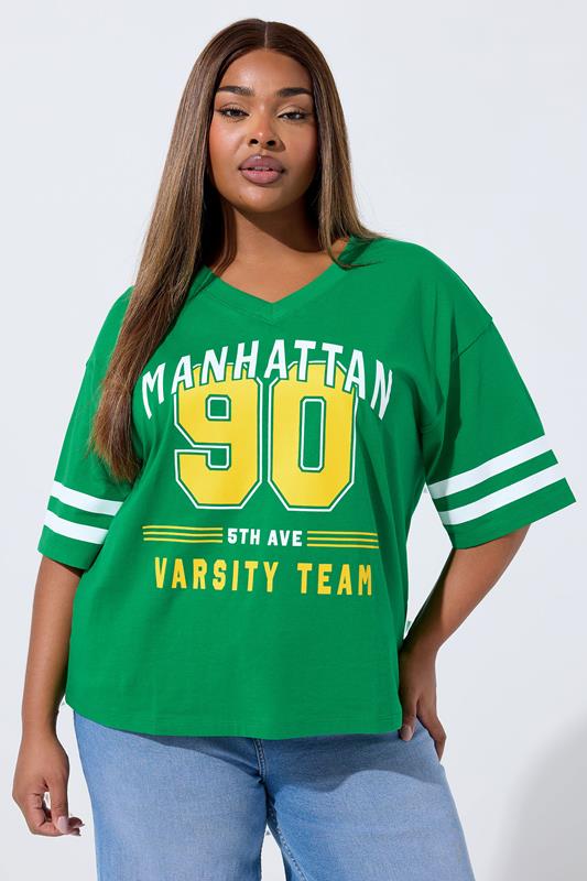  LIMITED COLLECTION Curve Green 'Manhattan 90' Varsity Print T-Shirt