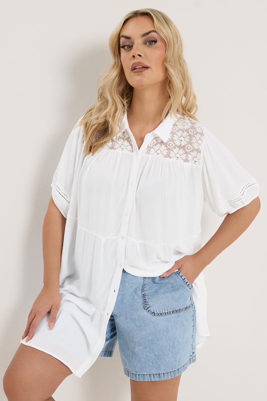 YOURS Curve White Tiered Crochet Detailed Shirt