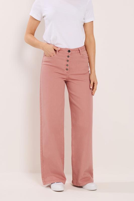 LTS Tall Women's Coral Pink Button Detail Wide Leg Jeans | Long Tall Sally 1