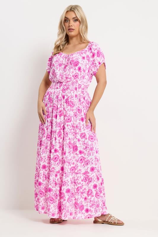 YOURS Plus Size Pink Floral Tie Neck Bardot Maxi Dress | Yours Clothing 1