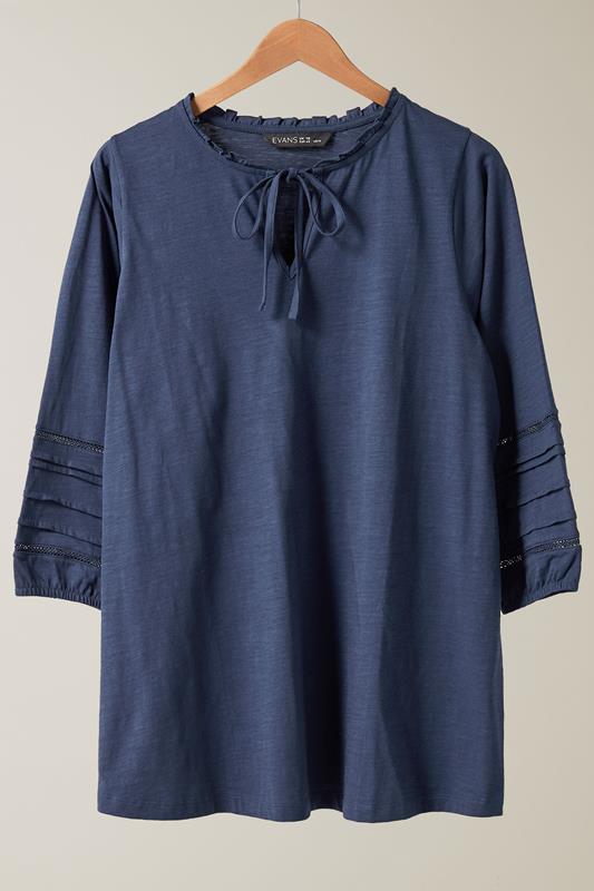 EVANS Plus Size Navy Blue Tie Neck Cotton Top | Evans 5