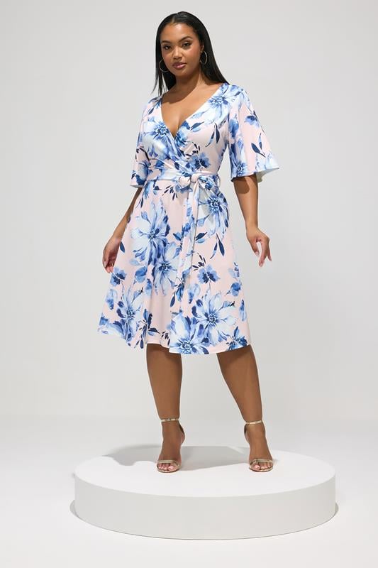 YOURS LONDON Curve Pink Floral Wrap Skater Dress
