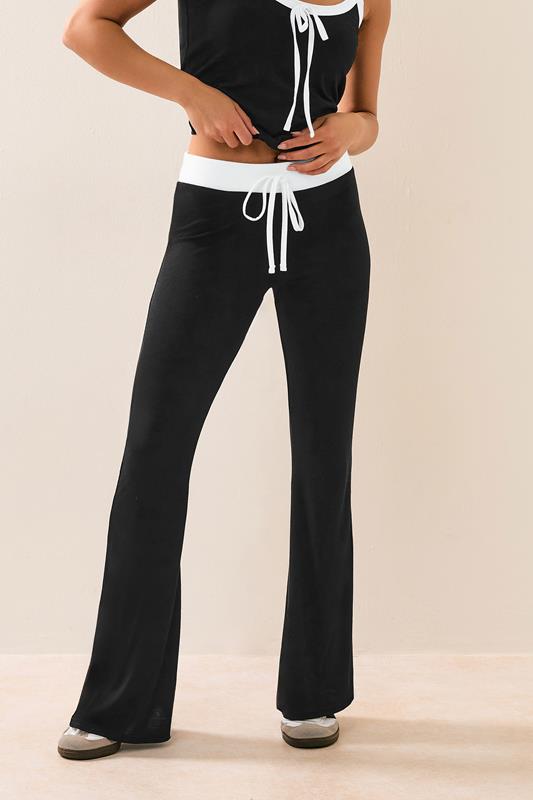 PixieGirl Petite Women's Black Contrast Waist Flared Trousers | PixieGirl 1