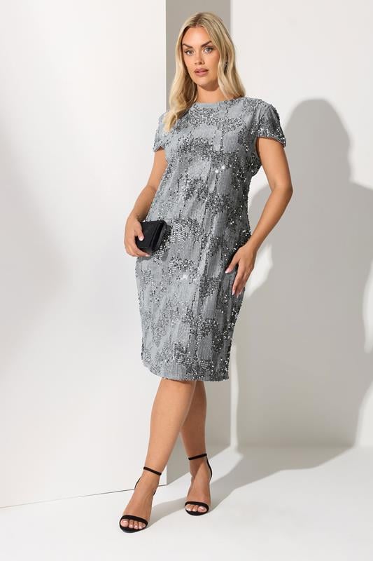 YOURS LONDON Curve Grey Velvet Sequin Shift Dress