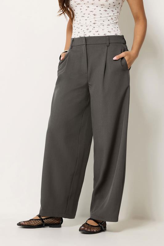 PixieGirl Petite Women's Dark Grey Barrel Leg Trousers | PixieGirl  1