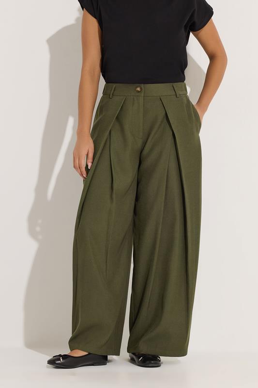 PixieGirl Petite Women's Olive Green Wrap Pleated Wide Leg Trousers | PixieGirl 1