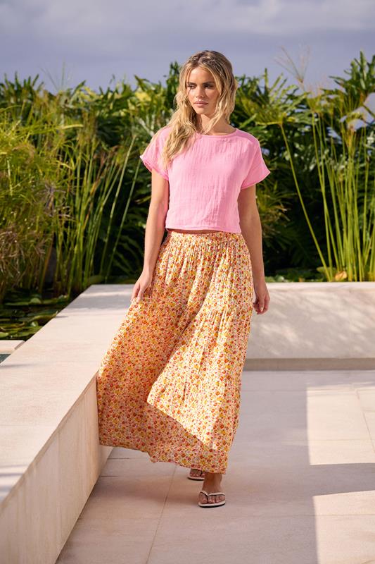 PixieGirl Petite Orange Ditsy Floral Tiered Maxi Skirt