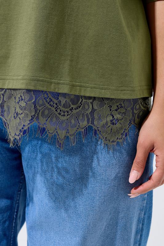 LIMITED COLLECTION Plus Size Khaki Green Oversized Lace Hem T-Shirt | Yours Clothing 4