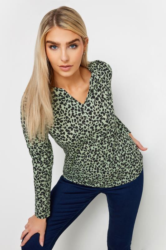 Women's  M&Co Green Animal Print Notch Neck Long Sleeve Top