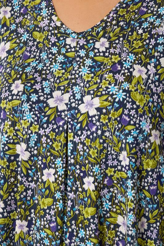 YOURS Plus Size Navy Blue & Green Floral Pleat Front Top | Yours Clothing 4