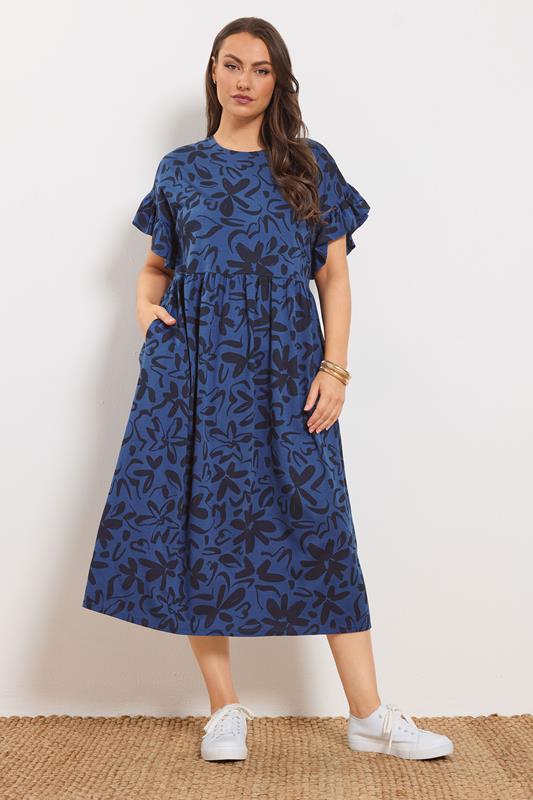 YOURS Curve Navy Blue Abstract Floral Midi Dress