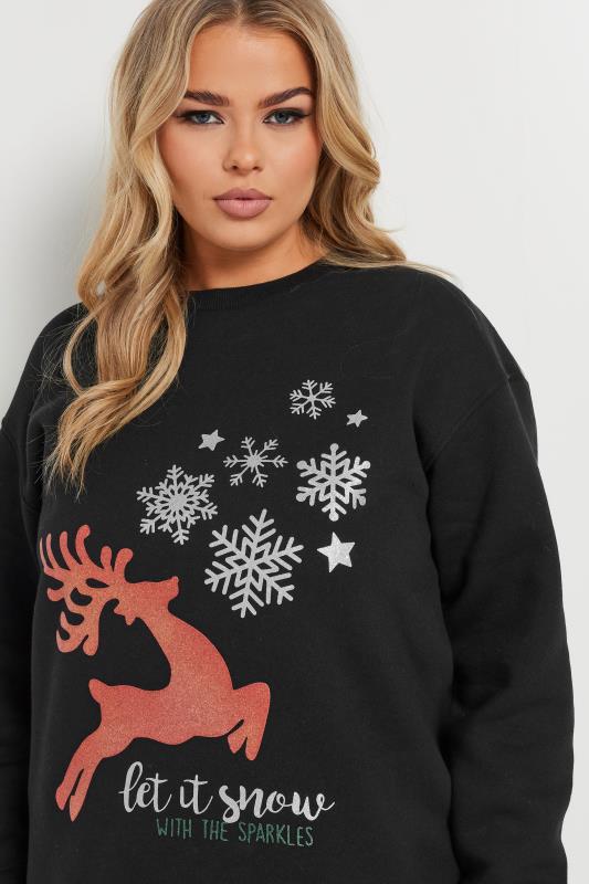 YOURS Plus Size Black 'Let It Snow' Reindeer Print Sweatshirt | Yours Clothing  4
