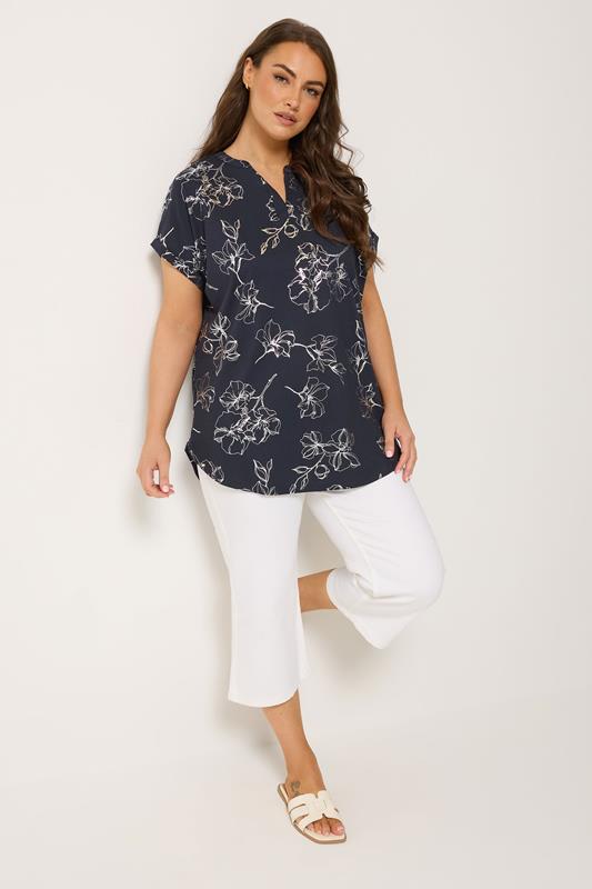 YOURS Plus Size Black Floral Foil Notch Neck Top | Yours Cloting 1