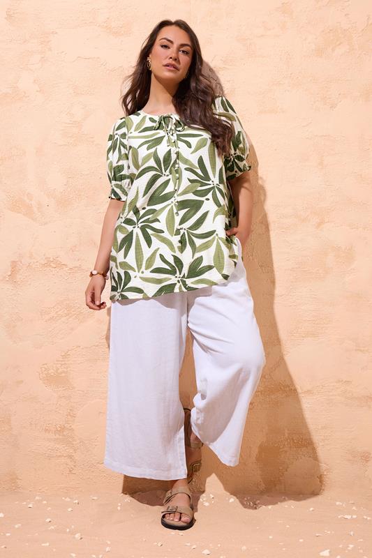 EVANS Plus Size Green Leaf Print Tie Neck Blouse | Evans 1