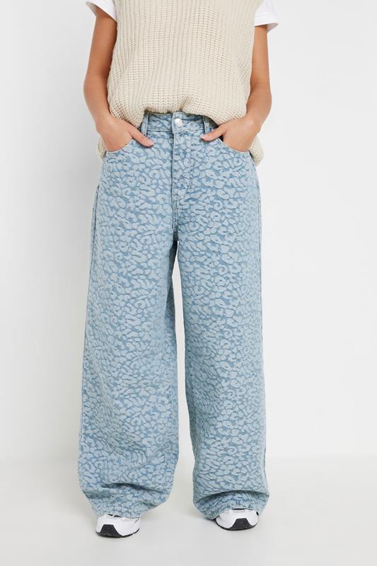 PixieGirl Petite Women's Light Blue Denim Leopard Cotton Wide Leg Jeans | PixieGirl 1