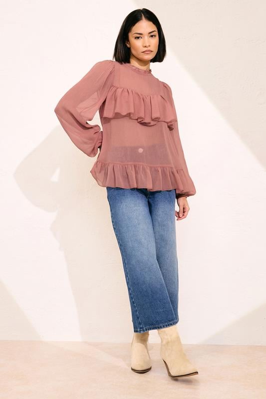 PixieGirl Petite Women's Coral Pink Chiffon Frill Blouse | PixieGirl 2