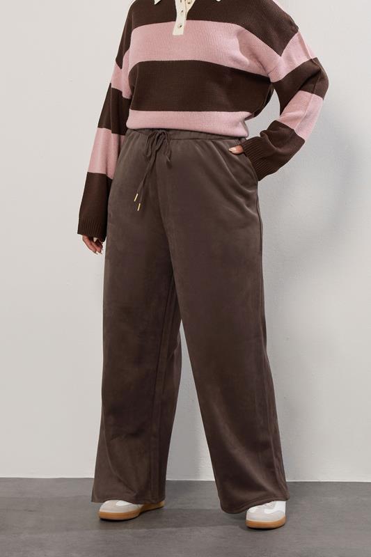 YOURS Plus Size Chocolate Brown Faux Suede Wide Leg Trousers | Yours Clothing 2