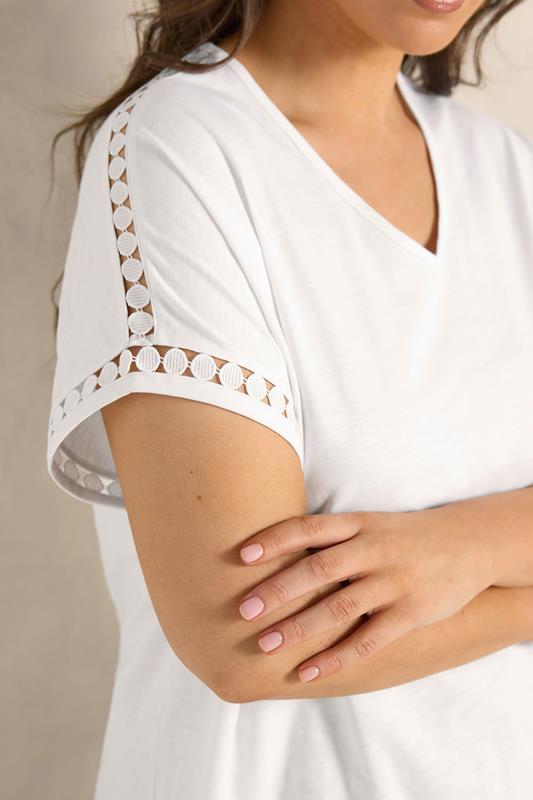 EVANS Plus Size White Crochet Trim Cotton V Neck T-Shirt | Evans 4