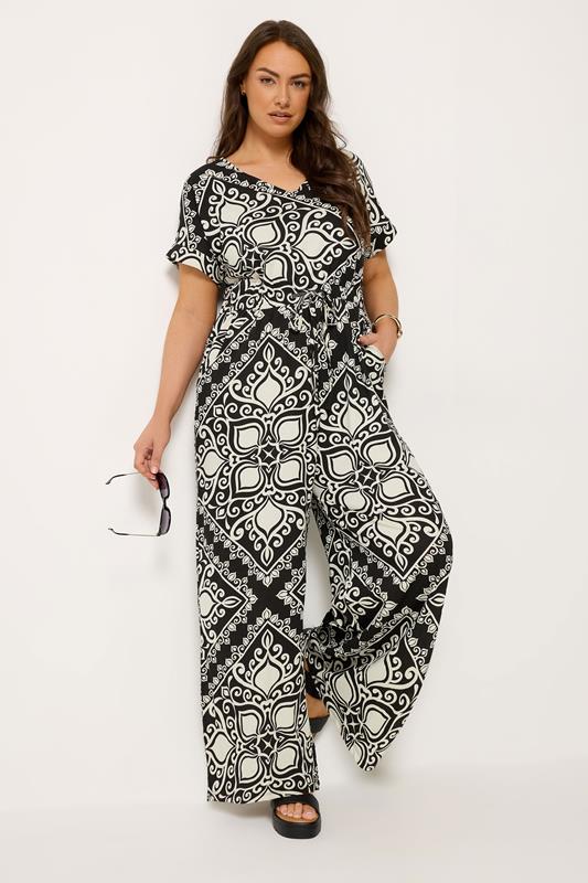 YOURS Curve Black & White Paisley Print Wide Leg Jumpsuit