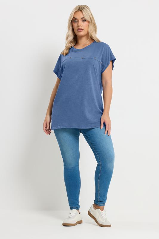 YOURS Plus Size Blue Stud Grown-On Sleeve T-Shirt | Yours Clothing 1