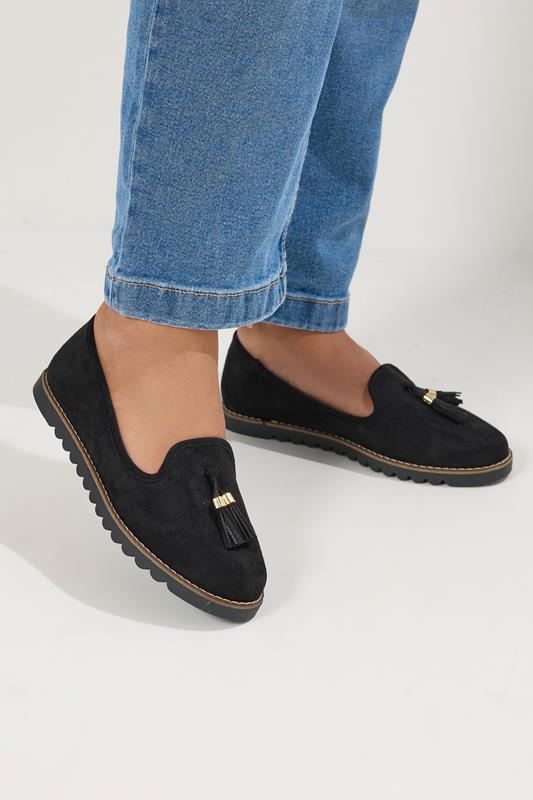  Yours Black Faux Suede Tassel Slip On Loafers In Wide E Fit