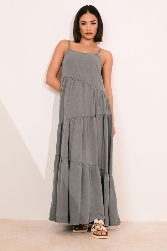 PixieGirl Petite Women's Grey Acid Wash Asymmetric Tiered Maxi Dress | PixieGirl 1